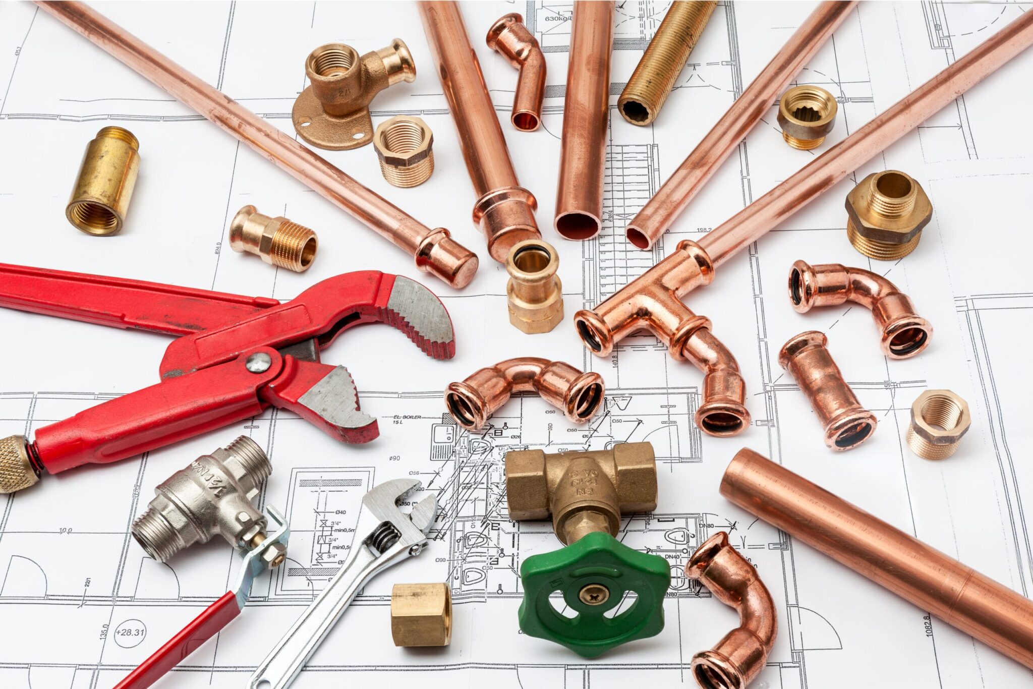 Copper pipes, fittings, valves, and plumbing tools in Palm Harbor
