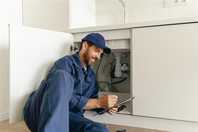 Residential plumber reviewing plumbing repairs in a Palm Harbor kitchen