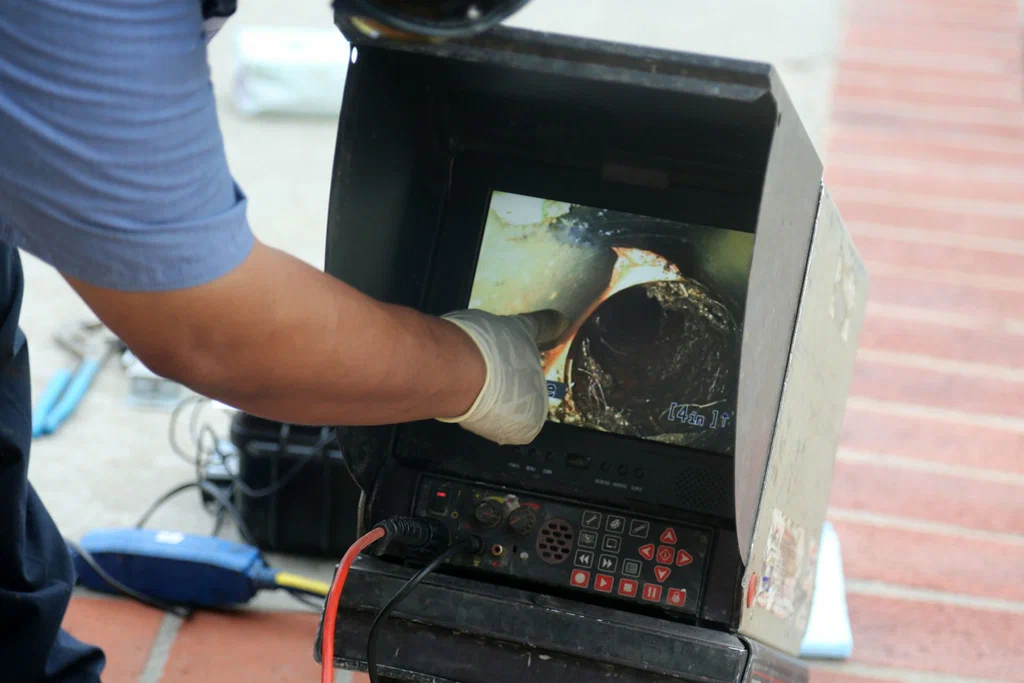 Technician viewing a drain inspection camera in Palm Harbor