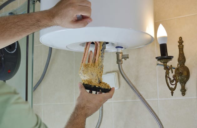 Technician removing mineral buildup from a water heater in Palm Harbor
