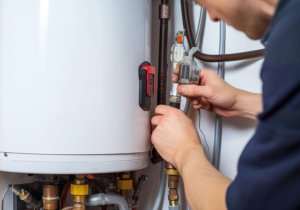 Technician repairing pipes connected to a water heater in Palm Harbor